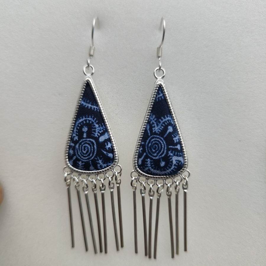 Indigo teardrop earrings with silver tassels