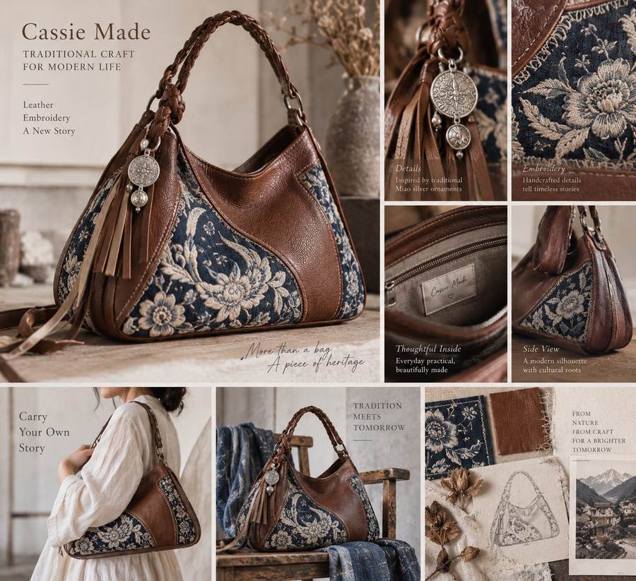 Concept board for a brown leather shoulder bag with navy floral embroidered side panels and a silver charm, with detail views and a sketch
