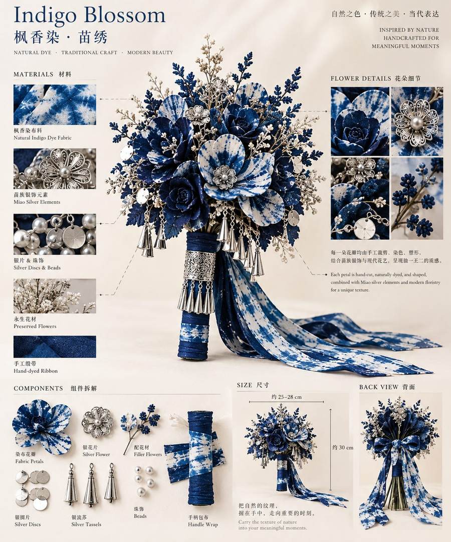 Concept sheet for an everlasting bouquet of indigo-dyed fabric petals with silver discs, beads and tassels, listing materials and components