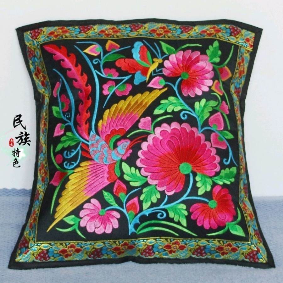 Embroidered panel with floral and bird motifs