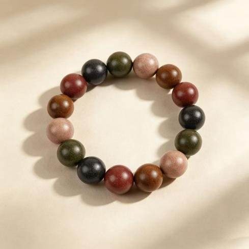 A bracelet of round beads in mixed earth and dark tones on a cream background