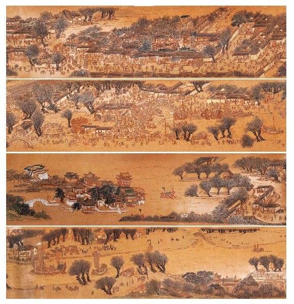 Four strips of tan leather engraved with a river townscape